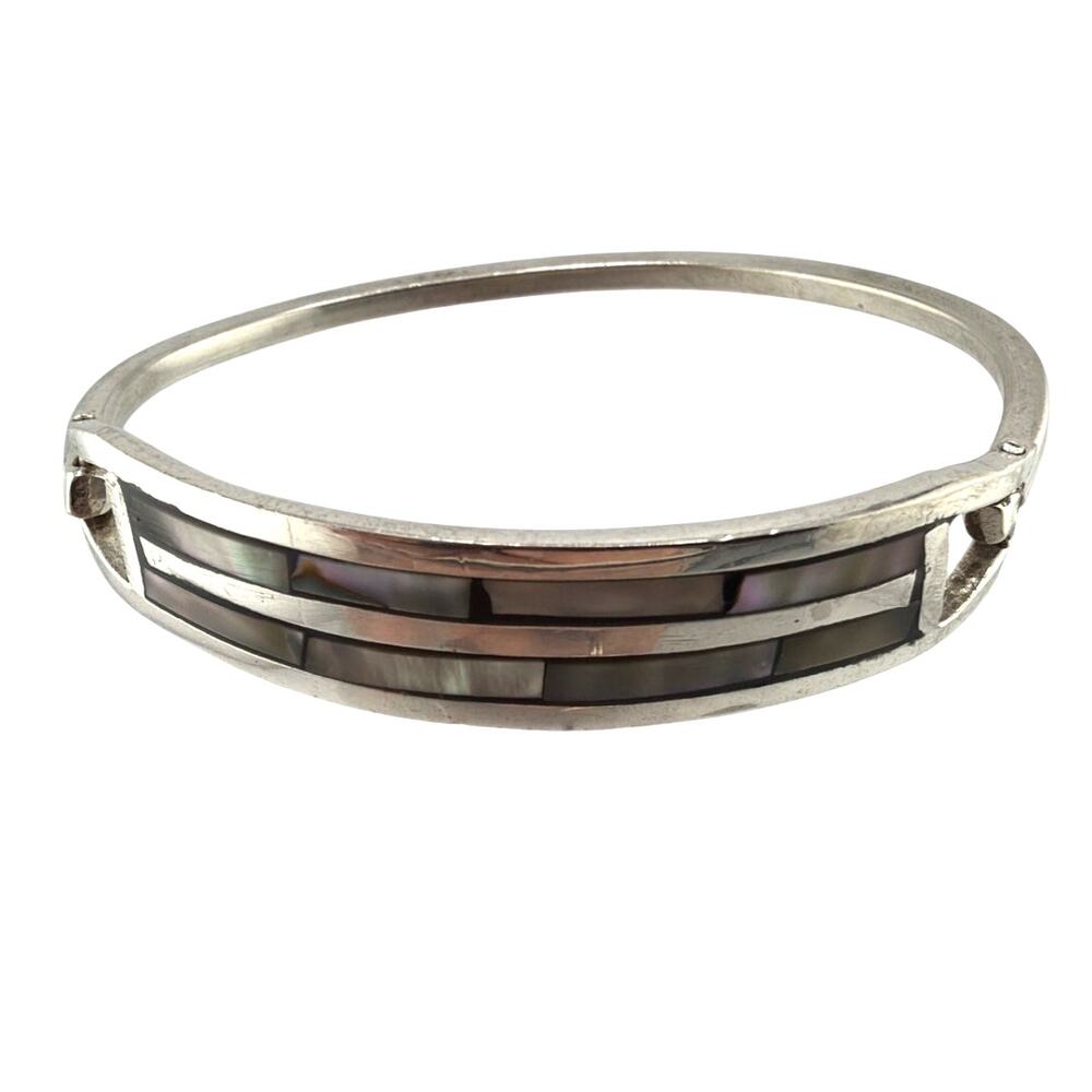 Vintage Mexican Alpaca Silver Abalone Inlay Bangle